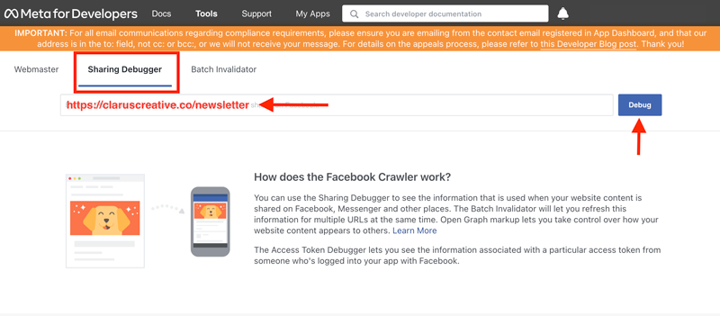 step one of facebook sharing debugger tool